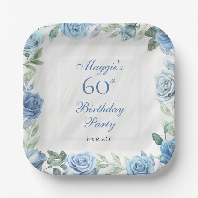 Elegant Blue Rose Floral Frame 60th Birthday Party Paper Plate (Front)