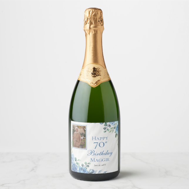 Elegant Blue Rose Floral Frame 70th Birthday Party Sparkling Wine Label (Front)