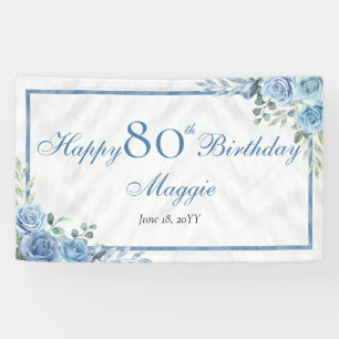 Elegant Blue Rose Floral Frame 80th Birthday Party Banner