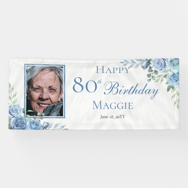 Elegant Blue Rose Floral Frame 80th Birthday Party Banner (Horizontal)