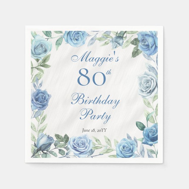 Elegant Blue Rose Floral Frame 80th Birthday Party Napkin (Front)