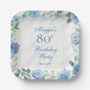 Elegant Blue Rose Floral Frame 80th Birthday Party Paper Plate