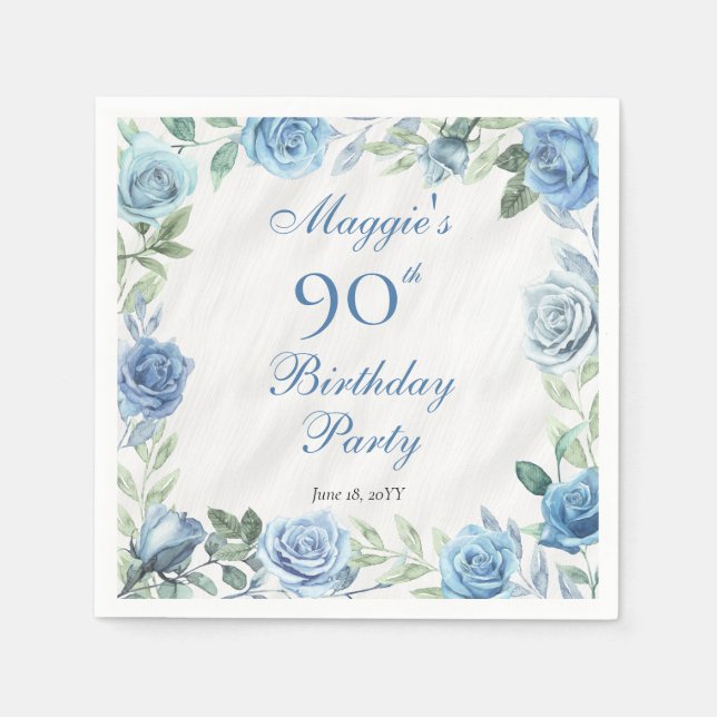 Elegant Blue Rose Floral Frame 90th Birthday Party Napkin (Front)