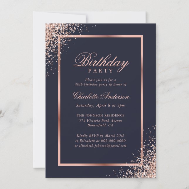 Elegant Blue Rose Gold Confetti Birthday Party Invitation (Front)
