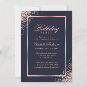 Elegant Blue Rose Gold Confetti Birthday Party Invitation