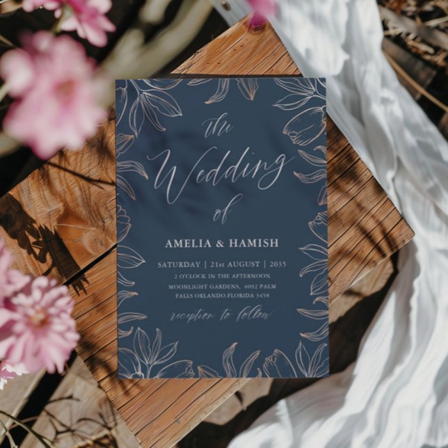 Elegant Blue & Rose gold Foliage Wedding Invitation (Creator Uploaded)