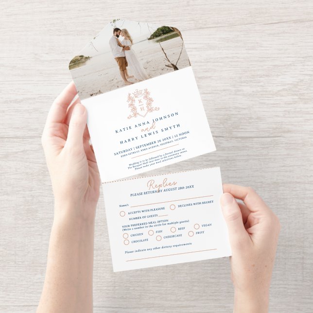 Elegant blue & rose gold monogrammed wedding foil all in one invitation (Tearaway)