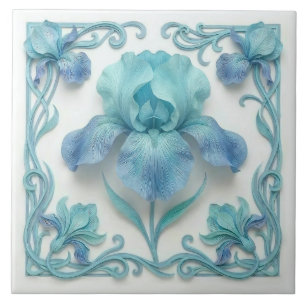 Elegant Blue Rose Gold Stylized Lilies Tile