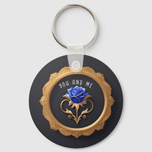 Elegant Blue Rose in Golden Frame with Ornate Deta Keychain