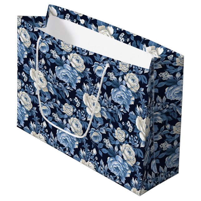 Elegant blue rose pattern  large gift bag (Front Angled)