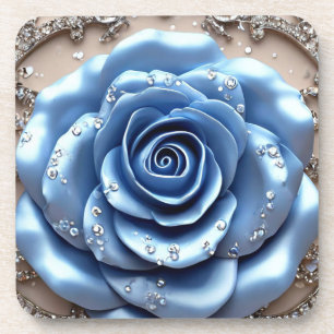 Elegant Blue Rose with Glittering Diamonds Coaster