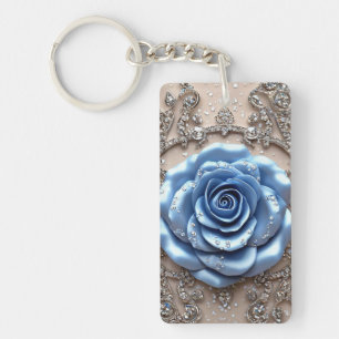 Elegant Blue Rose with Glittering Diamonds Keychain
