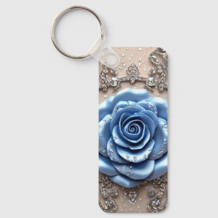 Elegant Blue Rose with Glittering Diamonds Keychain