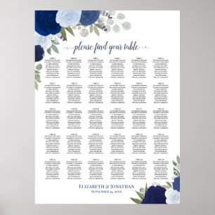 Elegant Blue Roses 30 Table Wedding Seating Chart