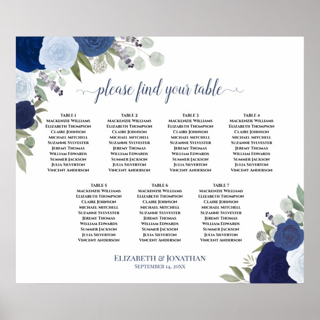 Elegant Blue Roses 7 Table Wedding Seating Chart (Front)