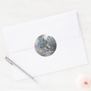 Elegant Blue Roses and Butterfly Silver Wedding Classic Round Sticker