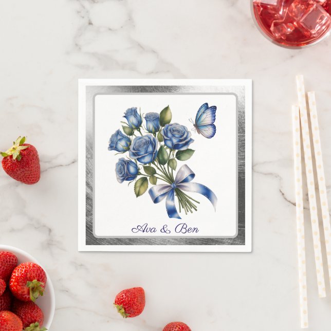 Elegant Blue Roses and Butterfly Silver Wedding Napkin (Insitu)