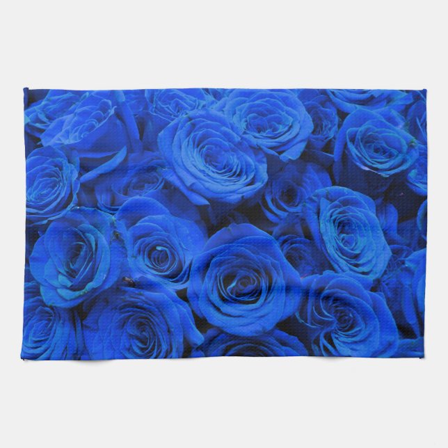 Elegant blue roses blue flowers blue floral kitchen towel (Horizontal)