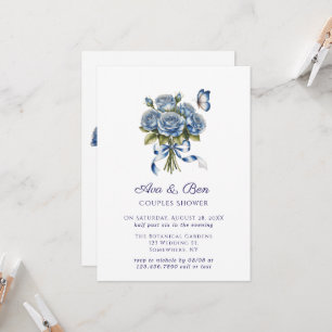 Elegant Blue Roses Butterfly Silver Couples Shower Invitation