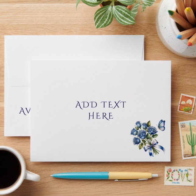 Elegant Blue Roses & Butterfly Silver Wedding Envelope (Desk)