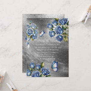 Elegant Blue Roses Butterfly Silver Wedding Invitation