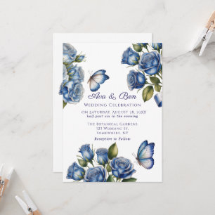 Elegant Blue Roses Butterfly Silver Wedding Invitation