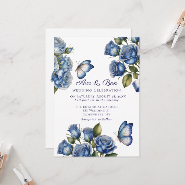 Elegant Blue Roses Butterfly Silver Wedding Invitation (Front/Back In Situ)
