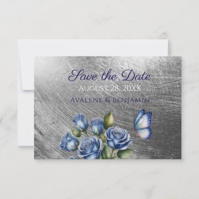 Elegant Blue Roses Butterfly Silver Wedding Save The Date (Front)