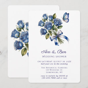 Elegant Blue Roses Butterfly Silver Wedding Shower Invitation