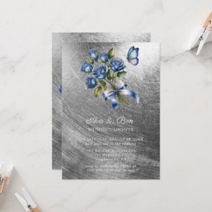 Elegant Blue Roses Butterfly Silver Wedding Shower Invitation