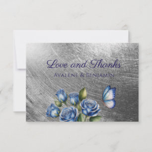 Elegant Blue Roses Butterfly Silver Wedding Thank You Card