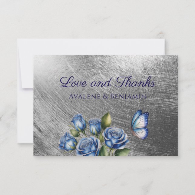 Elegant Blue Roses Butterfly Silver Wedding Thank You Card (Front)