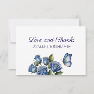Elegant Blue Roses Butterfly Silver Wedding Thank You Card