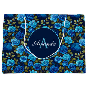 Elegant Blue Roses Floral Pattern Monogramed Photo Large Gift Bag