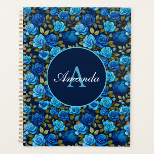 Elegant Blue Roses Floral Pattern Monogramed Photo Planner