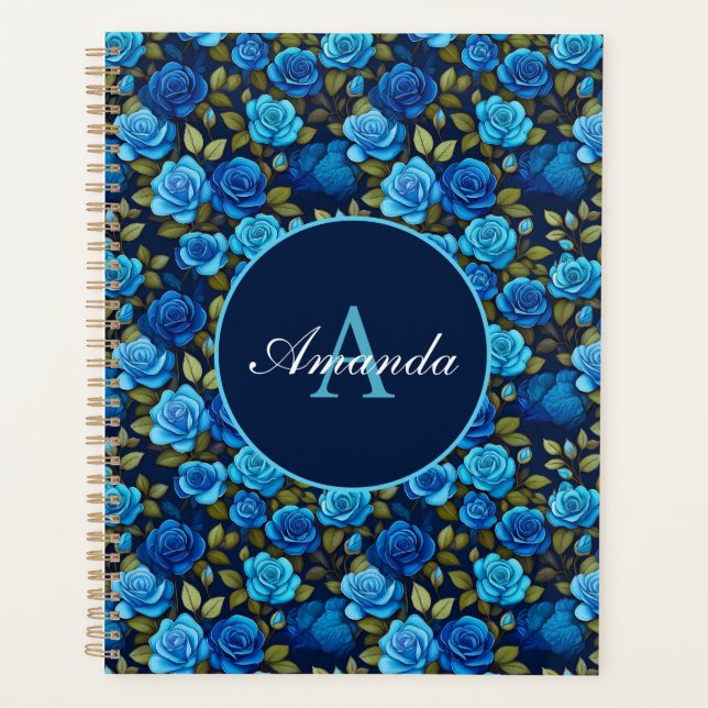 Elegant Blue Roses Floral Pattern Monogramed Photo Planner (Front)