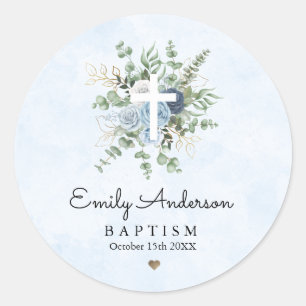 Elegant Blue Roses Greenery Baptism Christening  Classic Round Sticker