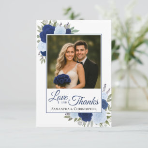 Elegant Blue Roses Love & Thanks Wedding Photo Thank You Card
