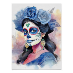 Elegant Blue Roses Watercolor Day of the Dead Poster