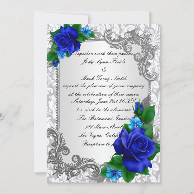 Elegant Blue Roses Wedding Invitation (Front)