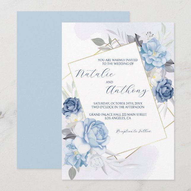 Elegant Blue Roses Wedding Invitation (Front/Back)