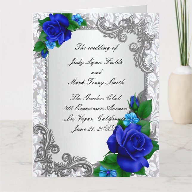 Elegant Blue Roses Wedding  Program Card (Front)