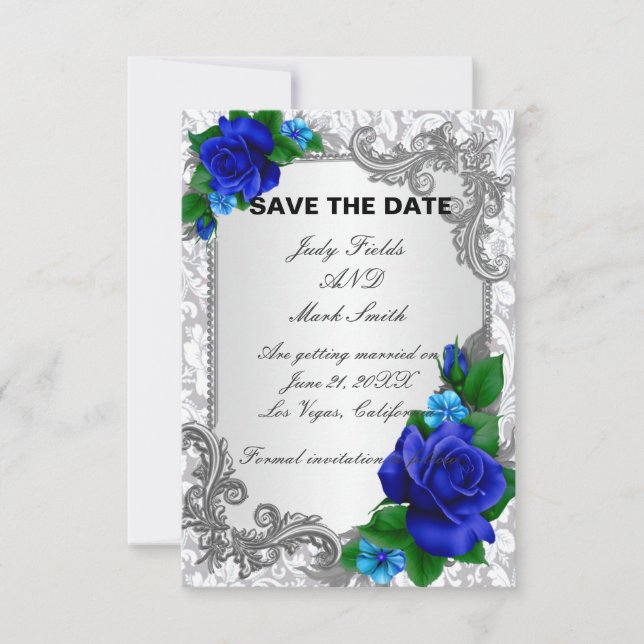 Elegant Blue Roses Wedding  Save The Date Card (Front)