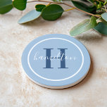 Elegant Blue Round Custom Monogram Initial Coaster<br><div class="desc">Elegant round personalized beverage drink coaster design features a classic custom serif monogram initial in a cobalt blue colour with your last name in modern white calligraphy script against a dusty powder blue coloured background. A simple white circle frames the design. Colour scheme can be customized to coordinate perfectly with...</div>