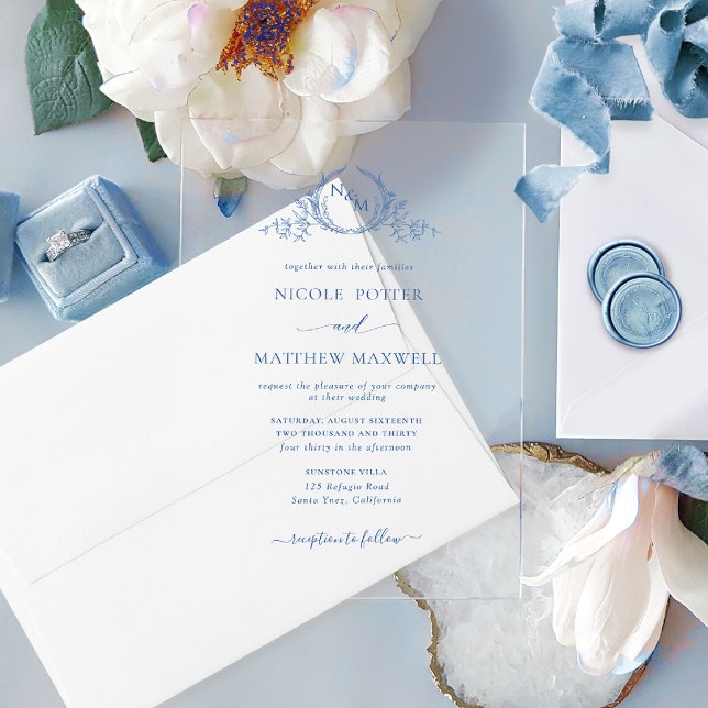 Elegant Blue Royal Crown Wreath Monogram Acrylic Invitations (Creator Uploaded)