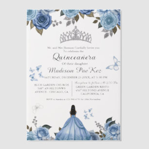 Elegant Blue Royal Floral Butterfly  Quinceanera Vellum Invitations