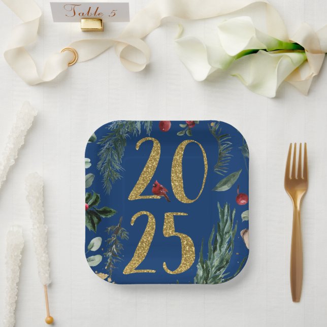 Elegant Blue Rustic 2025 New Years Holiday Card Paper Plate (Wedding)