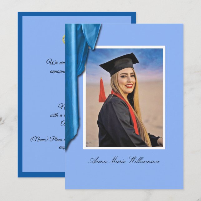Elegant Blue Satin Graduation Announcement (Front/Back)