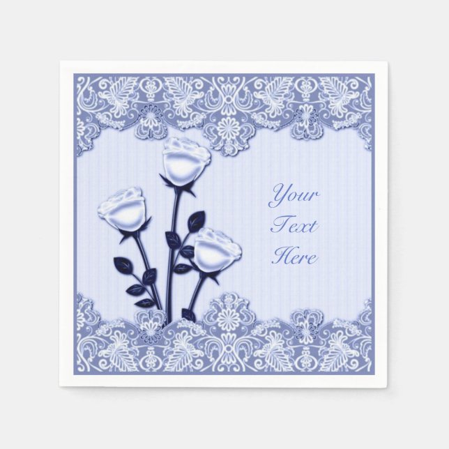 Elegant Blue Satin Roses and Lace Napkins (Front)