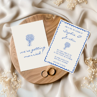 Elegant Blue Scalloped Border Minimalist Wedding Invitation
